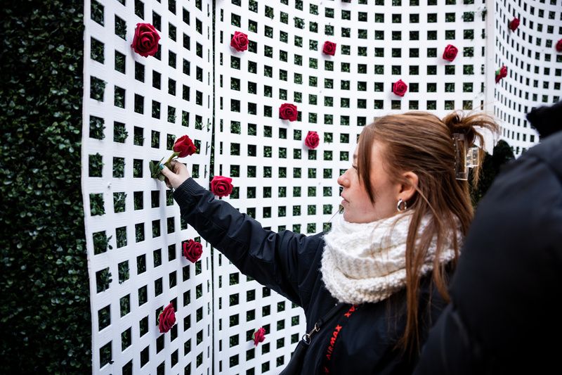 Love h|edge rose bush art installation in Times Square