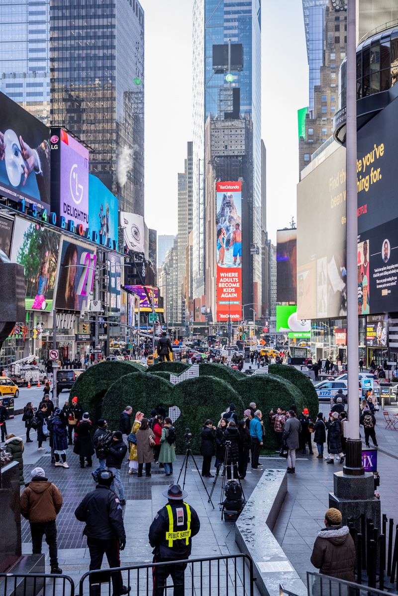 Love h|edge rose bush art installation in Times Square