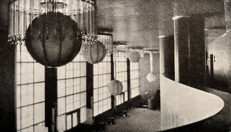 Interior of the Roxy Theater showing the lobby with floor to ceiling windows