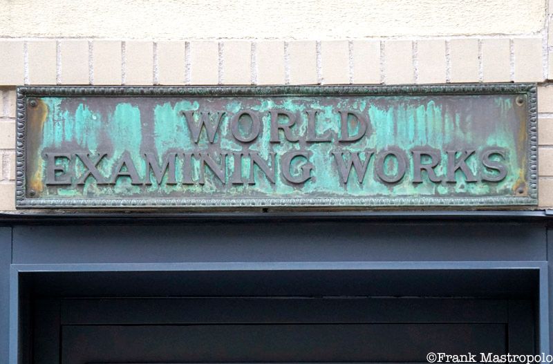 A puzzling ghost sign in the Meatpacking District reads, "World Examining Works," a business that cleaned and dyed fabric.