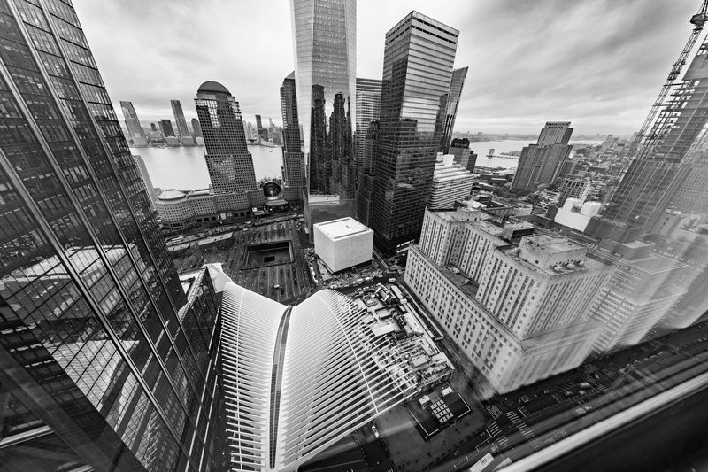 Overhead shot of the World Trade Center site where you can see Perelman Performing Arts Center and the Oculus