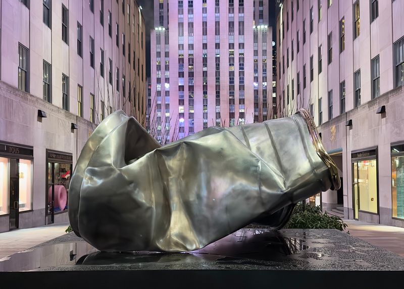 A giant crushed solo cup at Rockefeller Center, part of #solotogether, a public art installation debuting in March in NYC