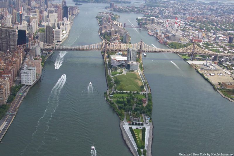 Aerial View of Roosevelt Island and Four Freedoms Park and the Queensboro Bridge