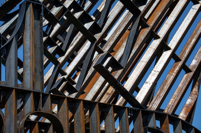 Close of of the steel of Land sculpture by Nicholas Galanin at Brooklyn Bridge Park