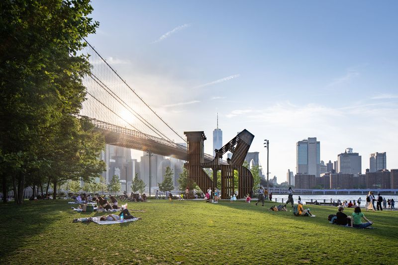 Land sculpture by Nicholas Galanin at Brooklyn Bridge Park