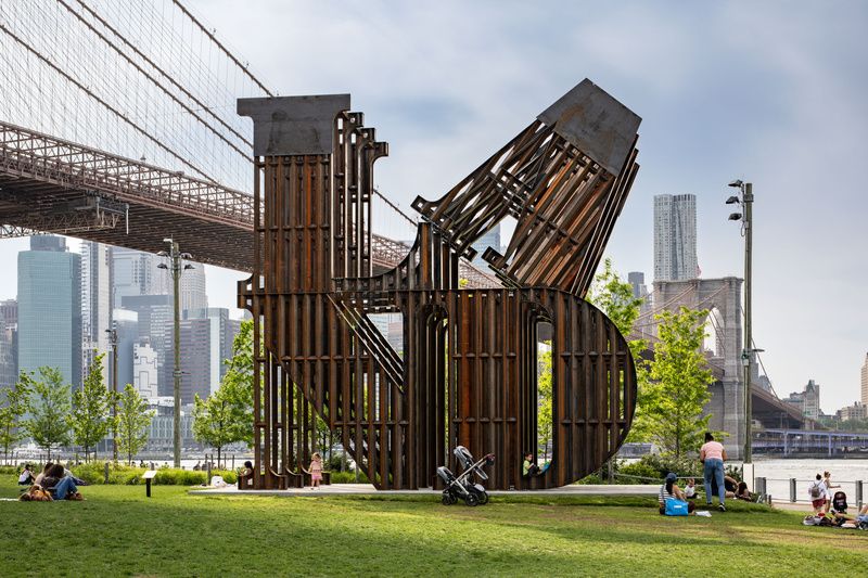 Land sculpture by Nicholas Galanin at Brooklyn Bridge Park