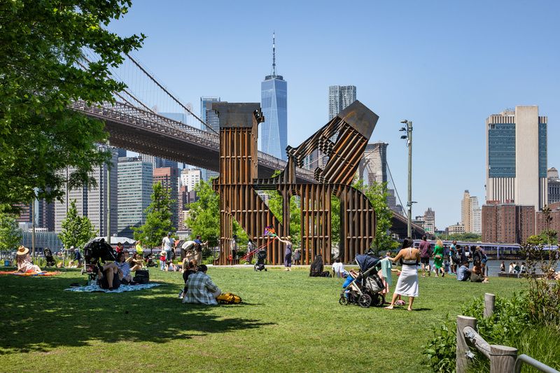 Land sculpture by Nicholas Galanin at Brooklyn Bridge Park