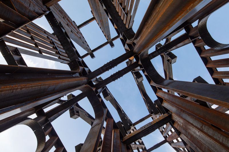 Close of of the steel of Land sculpture by Nicholas Galanin at Brooklyn Bridge Park