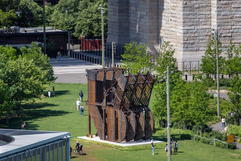 Land sculpture by Nicholas Galanin at Brooklyn Bridge Park