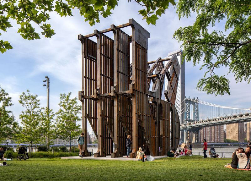 Land sculpture by Nicholas Galanin at Brooklyn Bridge Park