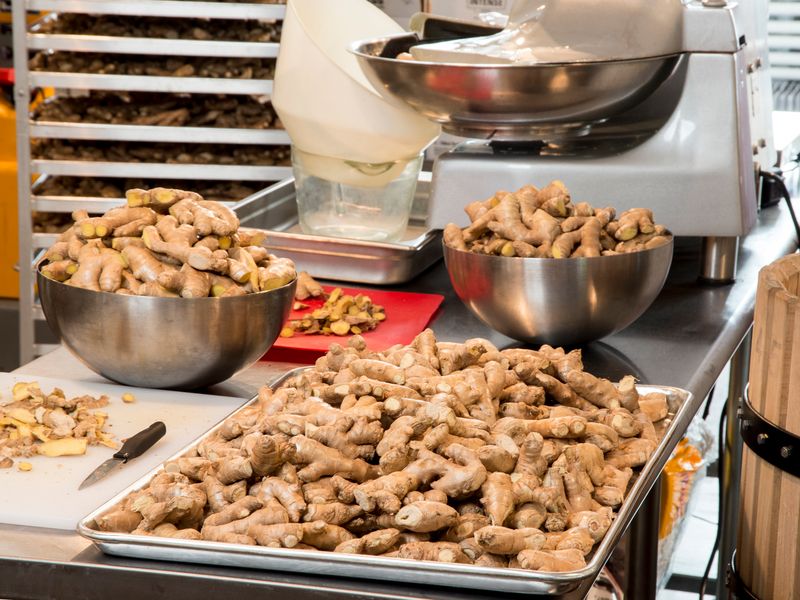 Ginger in bowls and on trays at Barrow's Intense distillery