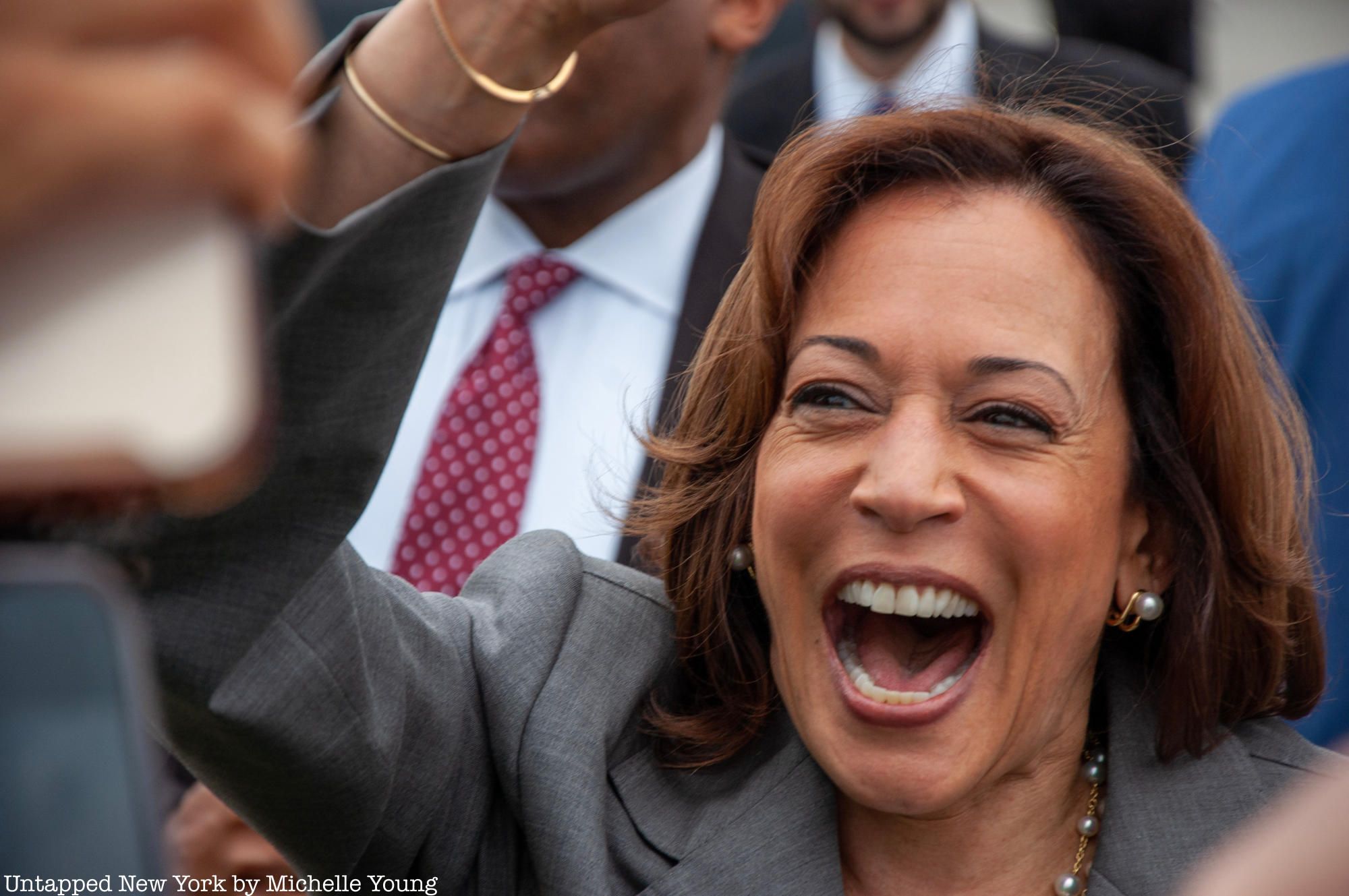 Kamala Harris arrives on Air Force Two at LaGuardia Airport