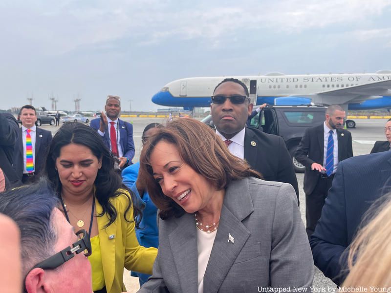 Kamala Harris arrives on Air Force Two at LaGuardia Airport