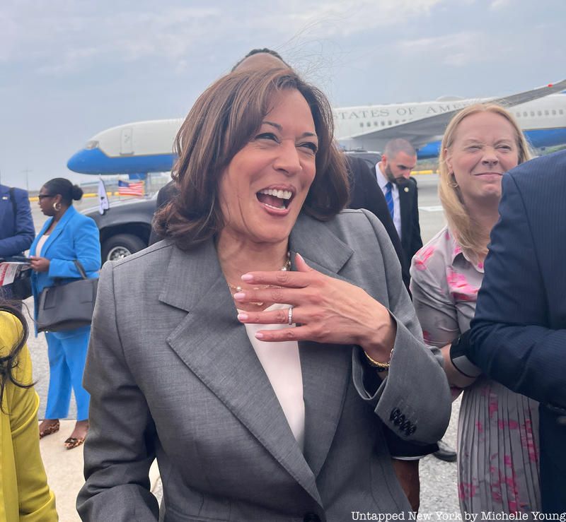 Kamala Harris arrives on Air Force Two at LaGuardia Airport