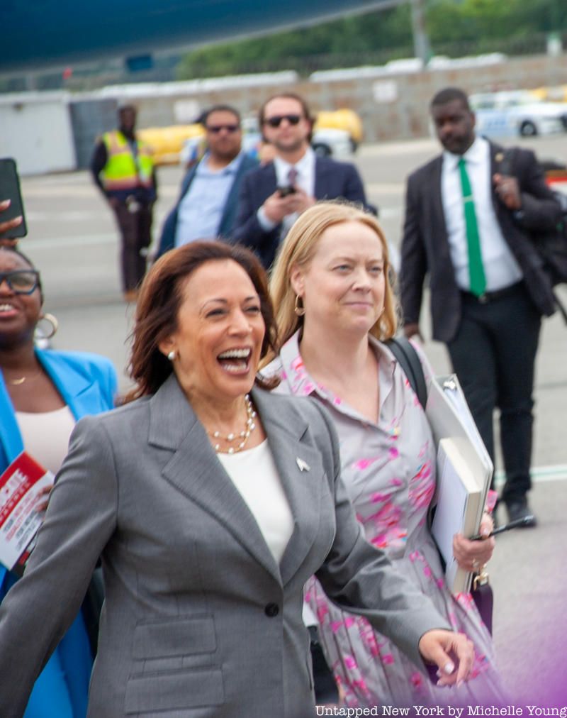 Kamala Harris arrives on Air Force Two at LaGuardia Airport