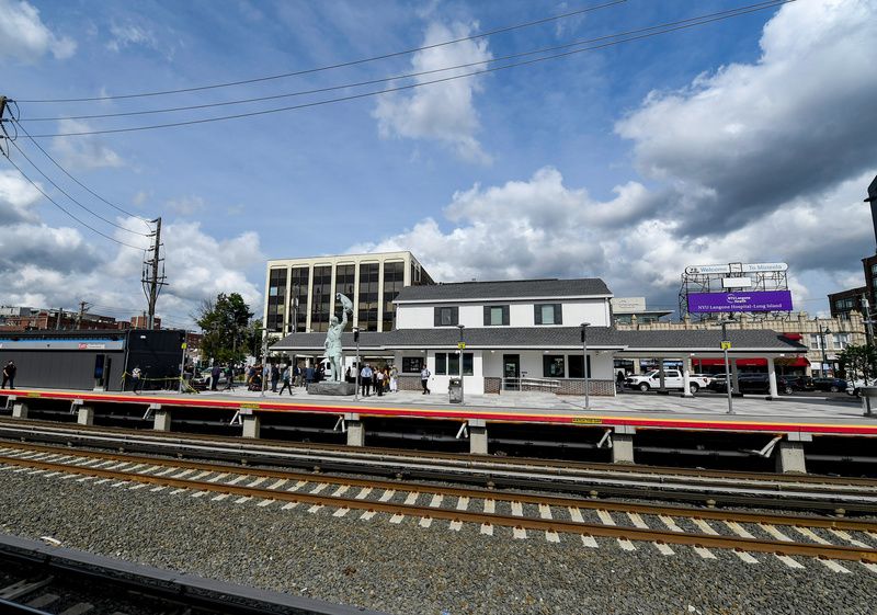 LIRR Dog sculpture at renovated Mineola trian station