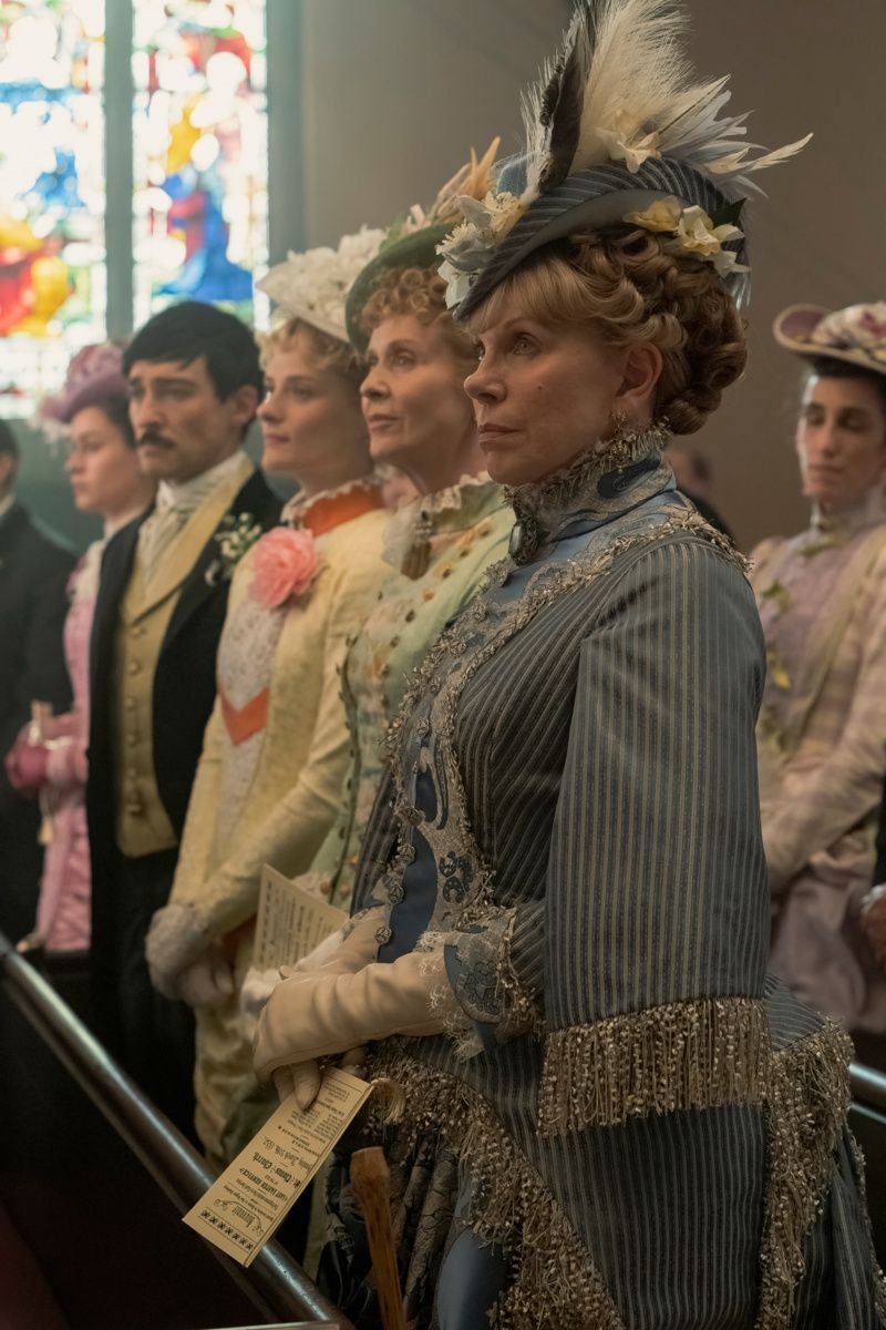 lake Ritson, Louisa Jacobson, Cynthia Nixon, Christine Baranski in costume in The Gilded Age