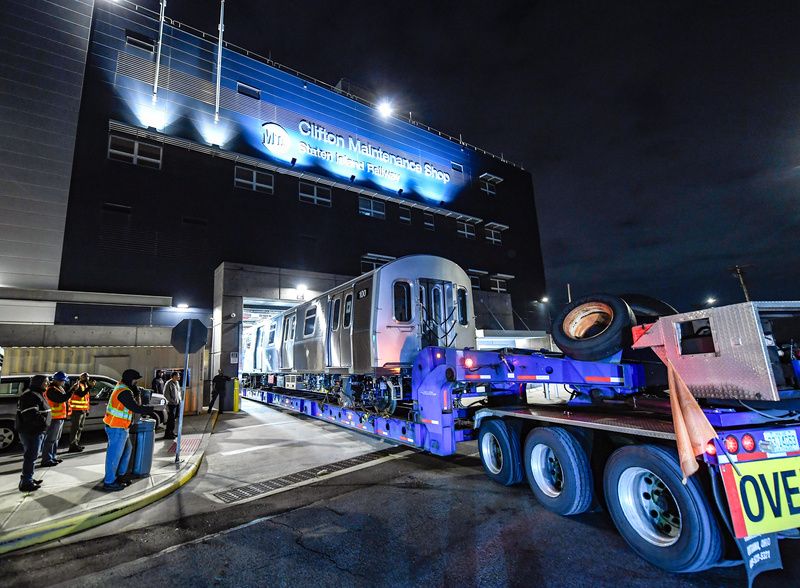 Staten Island railway car entering the maintenance shop