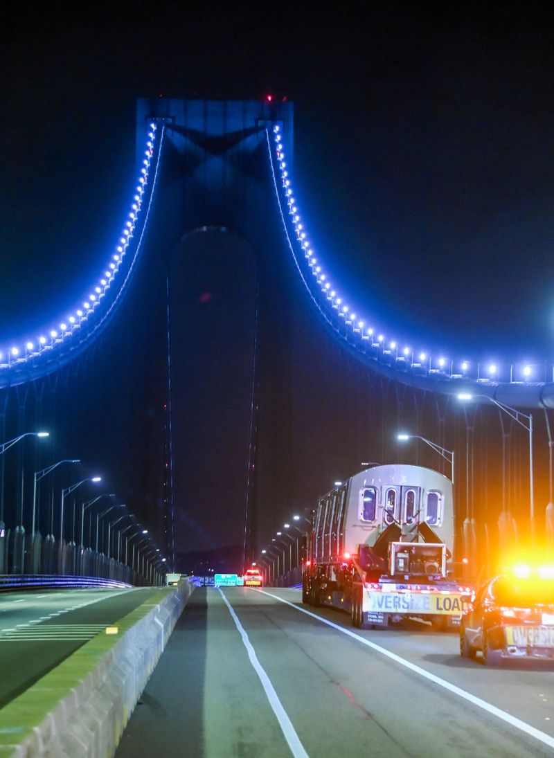 New Staten Island Railway car crossing the Verrezzano Bridge