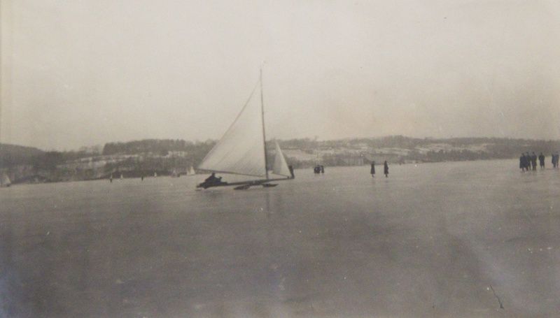 An ice boat on the frozen Hudson River. 