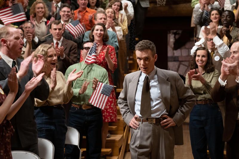 Oppenheimer giving speech at original Boys' School in Los Alamos