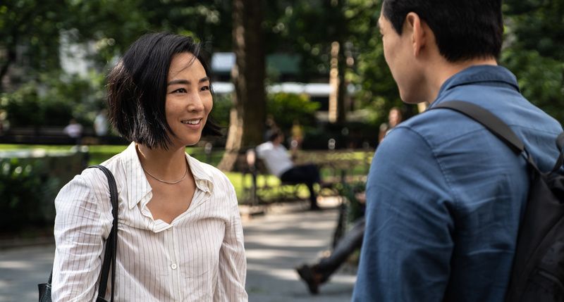 Greta Lee and Teo Yoo in Madison Square Park