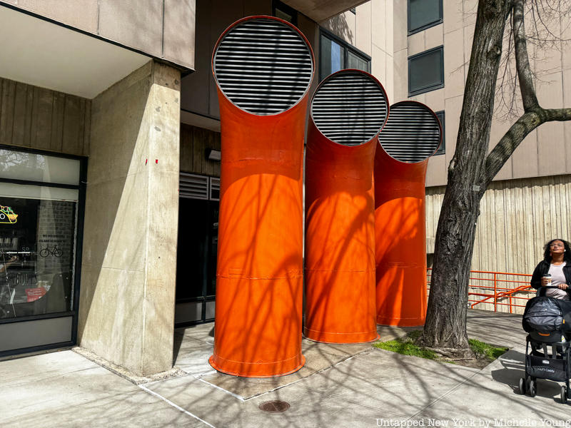 Pneumatic trash exhaust pipes on Roosevelt Island in red