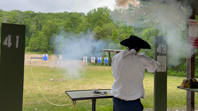 AJ Jacobs training to fire a musket