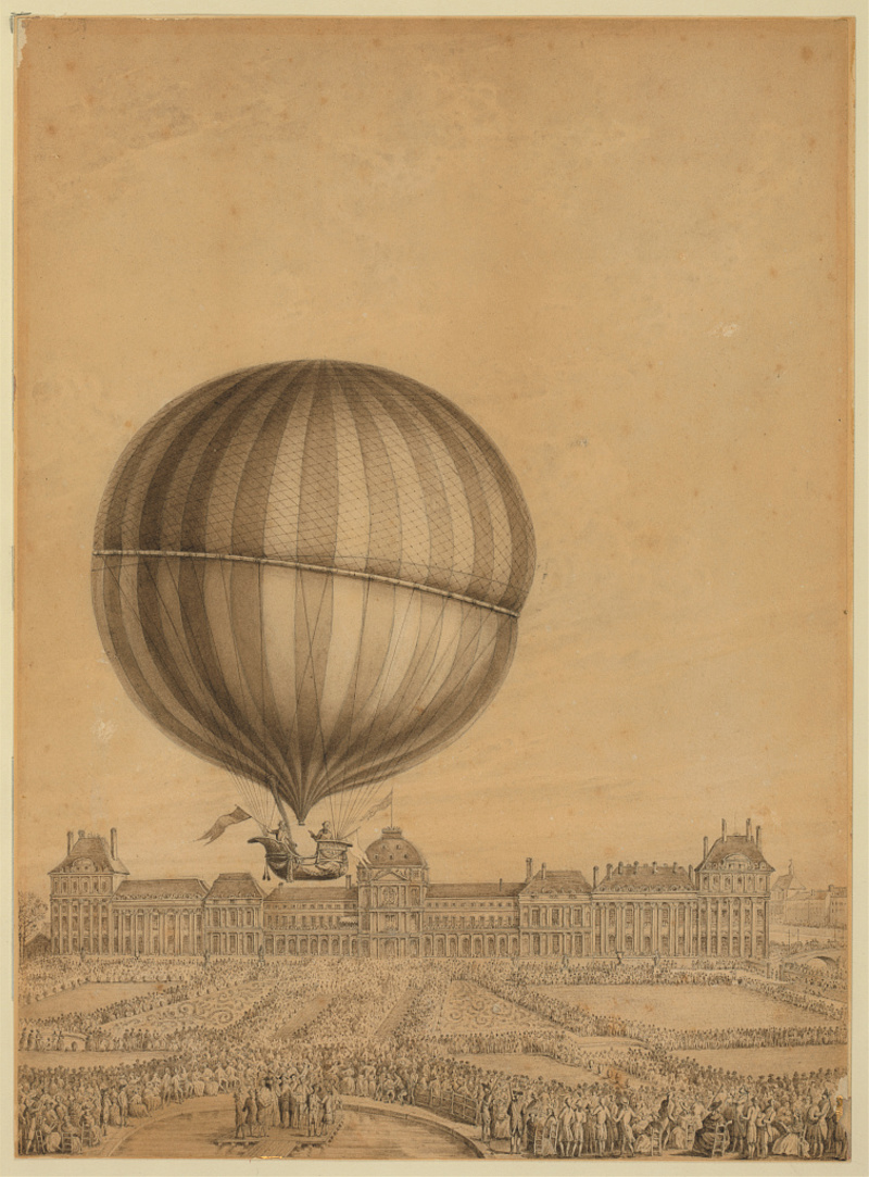 Departure of Jacques Charles and Marie-Noel Robert's 'aerostatic globe' balloon from the Jardin des Tuileries, Paris, on Dec. 1, 1783