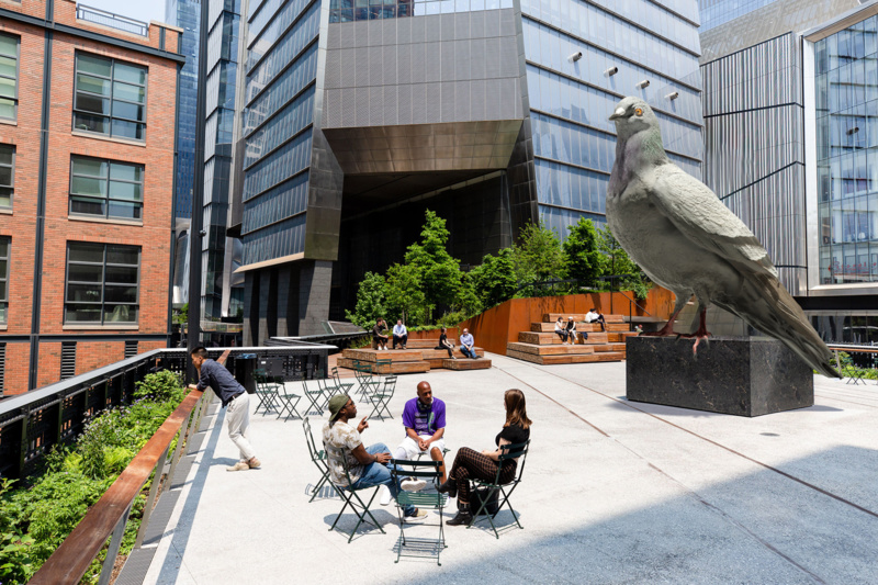 Rendering of a giant piegon sculpture titled Dinosaur by Iván Argote on the High Line