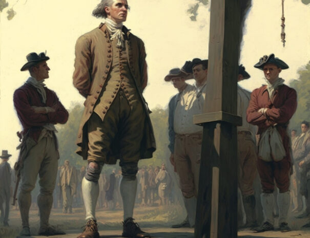 Men in colonial attire stand around a gallows in an Ai generated image