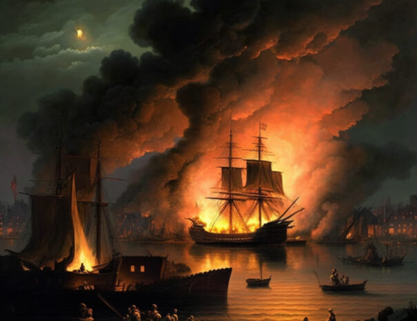 Ships on fire while sailing in an AI generated image