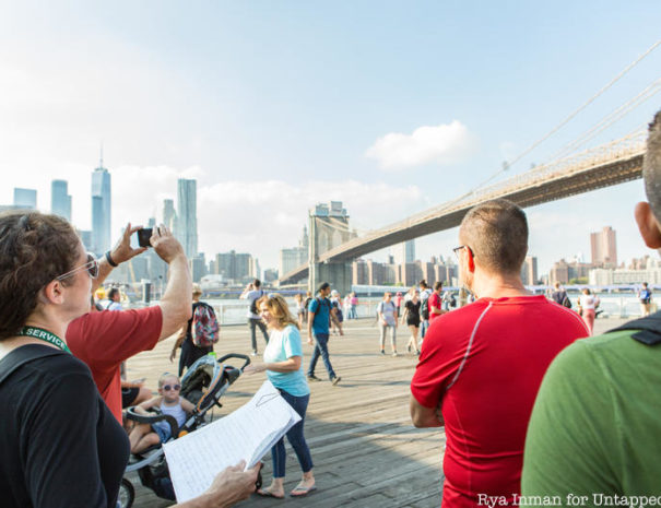 Secrets of the Brooklyn Bridge Tour guests approaching the Brooklyn Bridge