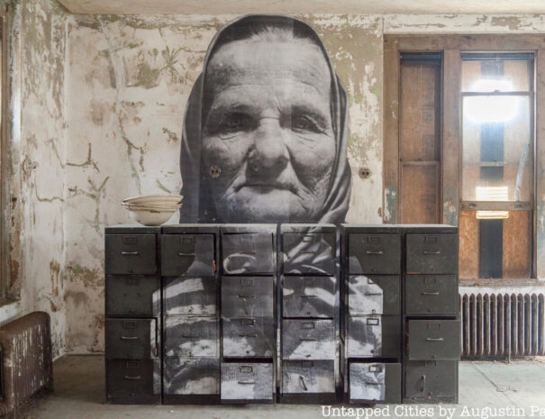 abandoned furniture with collage of an elderly women