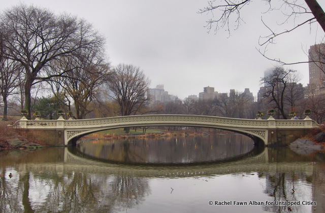 The iconic Bow Bridge on a crisp, cloudy winter morning.