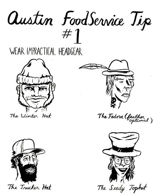 Pat Davis illustrates the How To of Austin food service quirky headwear