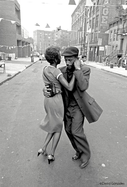 Clasped in a tango embrace, dancers in Mott Haven in 1979 express Gonzalez’s view that despite everything the Bronx  still stands.