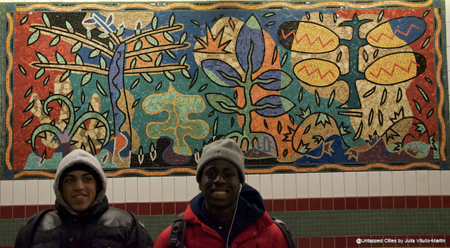 Smiling Bronx teens sitting in front of Jose Ortega's mosaic murals--One Race, One World, One Universe--will welcome you to the MTA's station for the 2 or 5 trains at 149th Street & Third Avenue.
