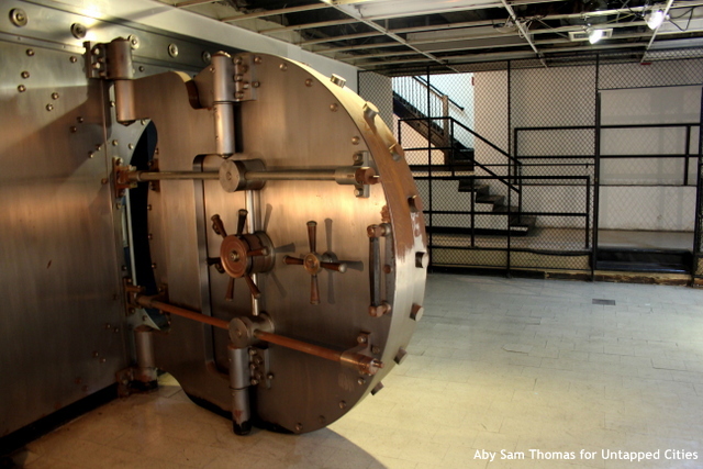 The bank vault that can be seen in the basement of the building.