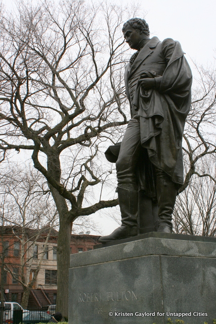 Mr. Robert Fulton (1765-1815) himself, presiding over his park at Fulton Street and Schnenectady Avenue.