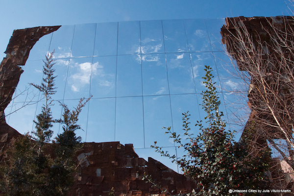 Crafted from recycled pressed tin and mirrors, Broken Bridge II is hung on an exterior wall next to the High Line between West 21st and West 22nd Street.