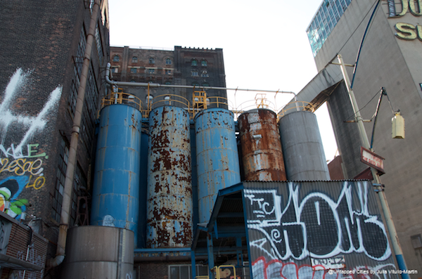 Domino silos with graffiti