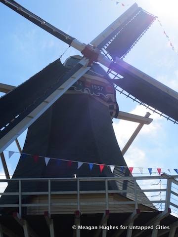 A Dutch windmill looms large