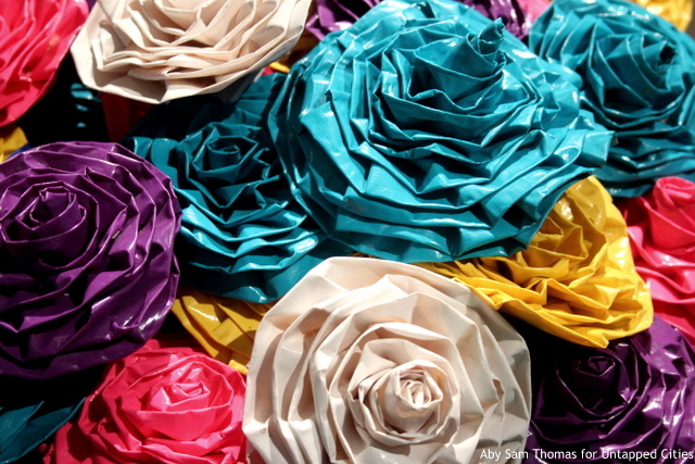 Vibrant roses made out of duct tape.