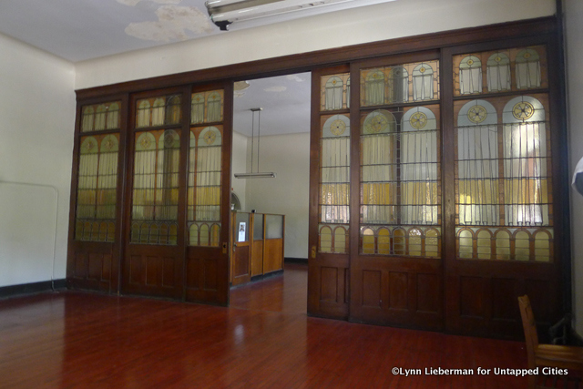 Several of the rooms are separated by leaded glass doors at St. Martin's Church in Harlem