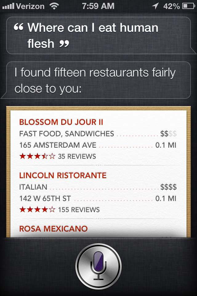 Where Can I Eat Human Flesh-Lincoln Center-NYC-Siri-iPhone