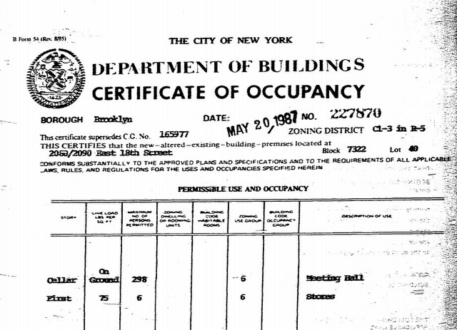 1723 Avenue U-Sheepshead Bay-Brooklyn-Vision Palace Optical-Certificate of Occupancy 1987