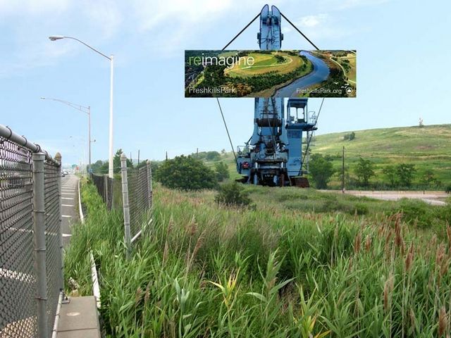 James Corner wants to hang billboards advertising the park on converted trash diggers near the West Shore Expressway