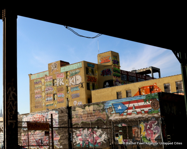 View of 5 Pointz from under the elevated 7 train, featuring Tats Cru, IPhone, Meres and many others. 