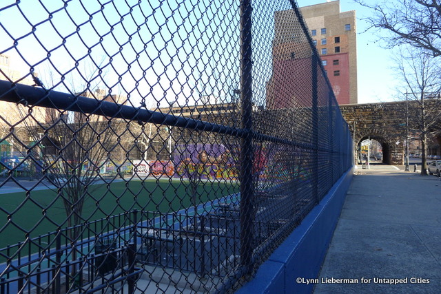 The playground at the Jackie Robinson Educational Complex on East 106th Street looking east toward Park Avenue